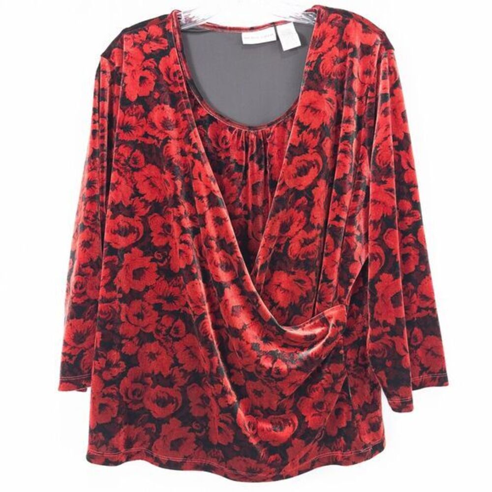 Jaclyn Smith Slinky Velvet Floral Blouse Tank Twinset Women XL Red Black Stretch